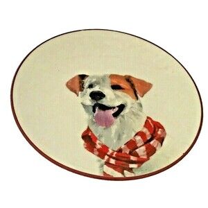Terrier Dog Puppy Bistro Plate Scarf Sleigh Bells Realistic 7" Tan White Red NWT